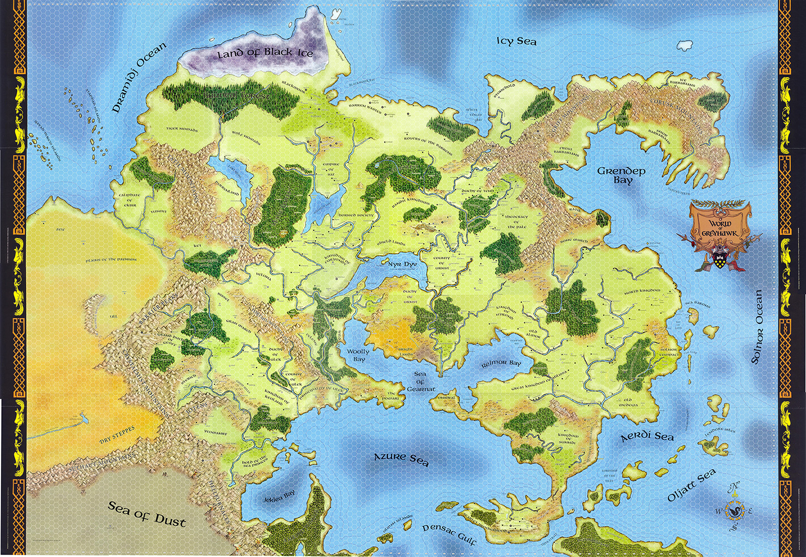 Map of the World of Greyhawk fantasy game setting.